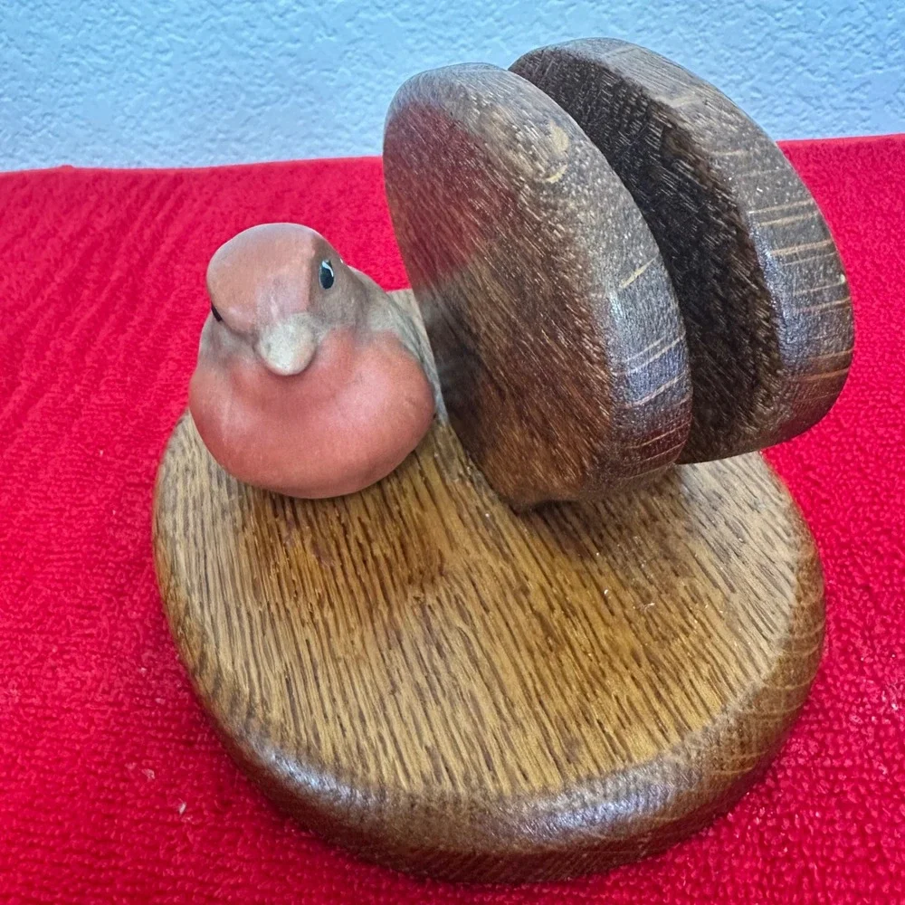 Vintage JerEd Fine Wood Products Bird Napkin Holder Ceramic Bird Accent
